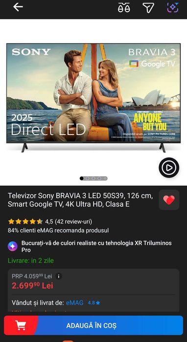 Televizor Sony Bravia 3 50S39 126 cm - Garantie 2 ani