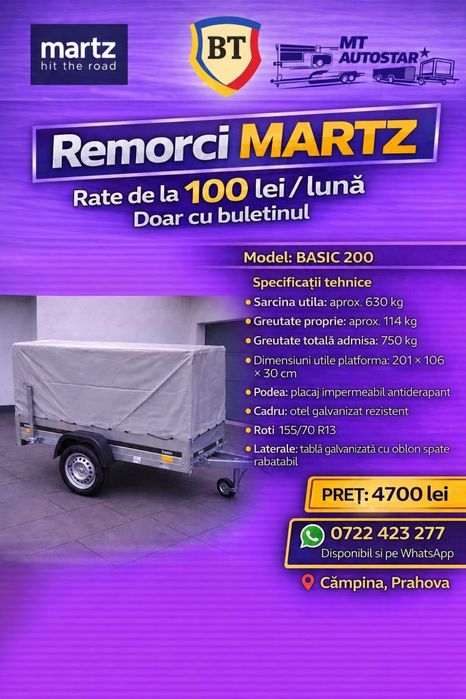 Remorca Martz Basic 200/106cm Schelet galvanizat Prelata Basculabila cu RAR