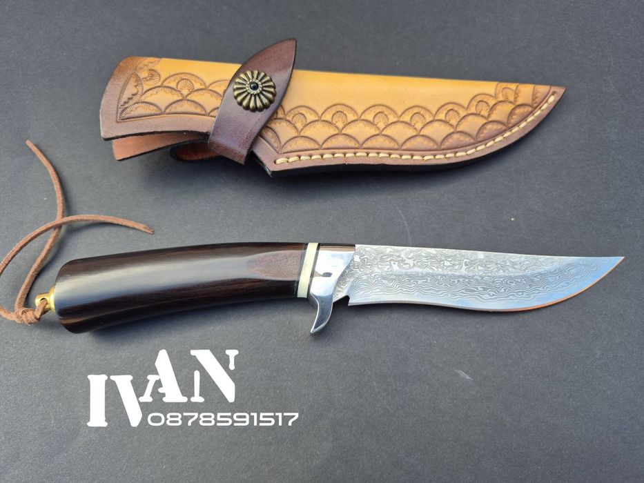 Японски ловен нож-дамаска стомана-VG10-кожена кания