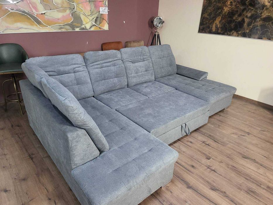 Светло сив П - образен ъглов диван Nixon с функция сън