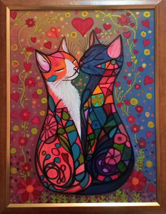 Tablou pictat manual Pisici îndrăgostite 30x40 cm