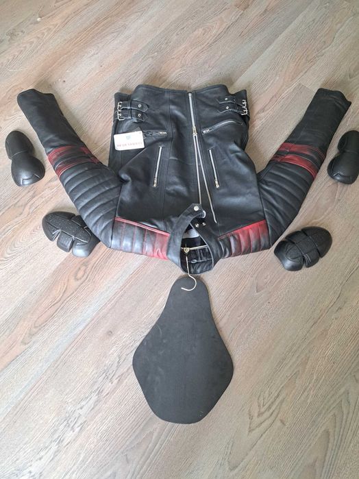 Яке от естествена кожа + протектори мотор: черно/червено, 50/М и 48/S