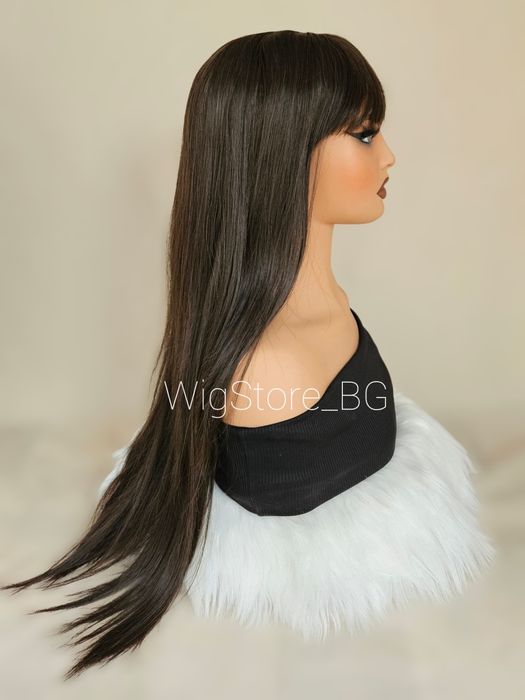 Дълга кафява права перука с бретон