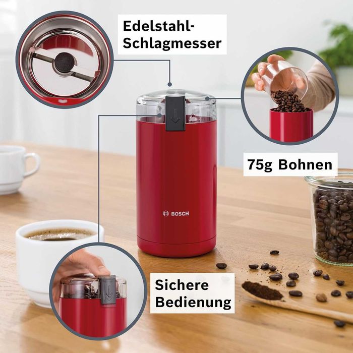 Кафемелачка Bosch TSM6A014R, неръждаема стомана, ударен нож, функция за безопасност, 180 W, контейнер за кафени зърна 75 г, електрическа, червена