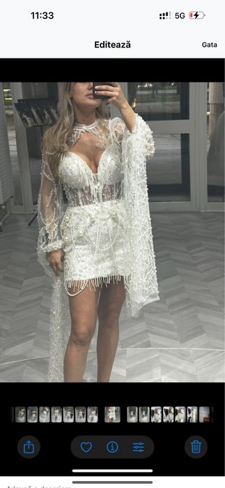 Rochie alba mireasa cununie scurta perle pene