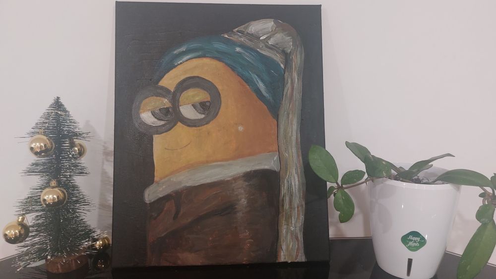 Minion îmbrăcat ca Fata cu perlă – pictură originală unică!”