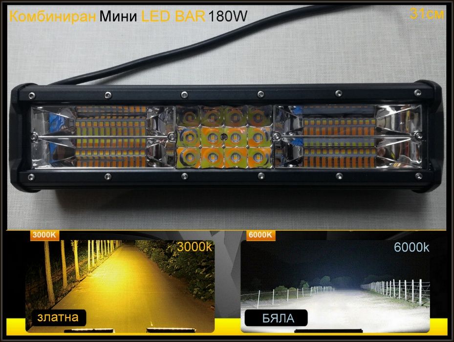 Ново!Мини 180W OFFROAD 7D LED BAR 51см (Комбиниран) Блиц ЕФЕКТ