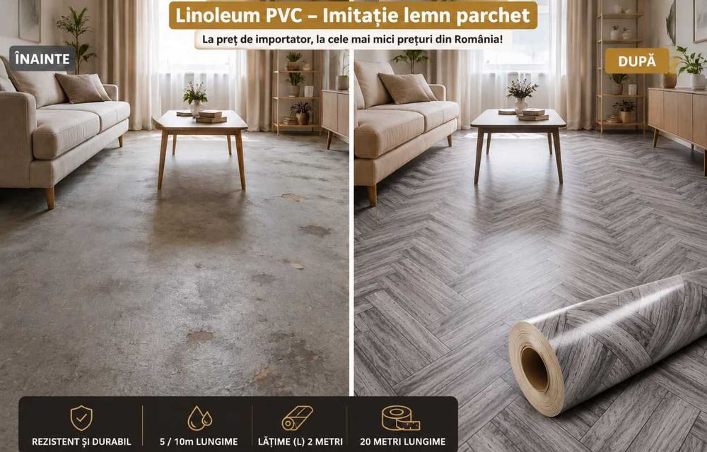 Linoleu 2m lat x 5  m lung, 1.20mm grosime, Model parchet gri sau maron ca la carte