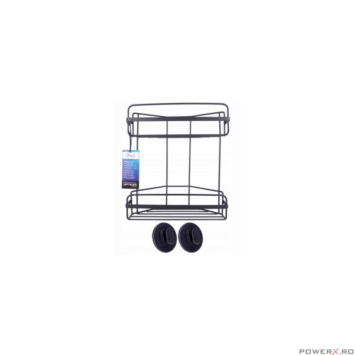 Etajera baie dubla, neagra, din otel, prindere cu ventuze, dimensiuni