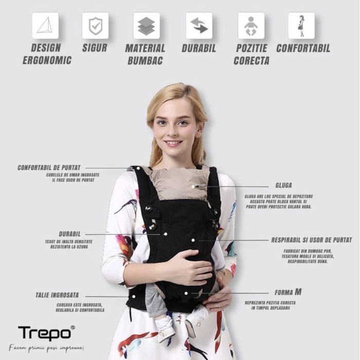 Marsupiu Ergonomic Trepo®, Port-bebe cu 3 pozitii de purtare, 100% bumbac, pana la 20 kg Negru