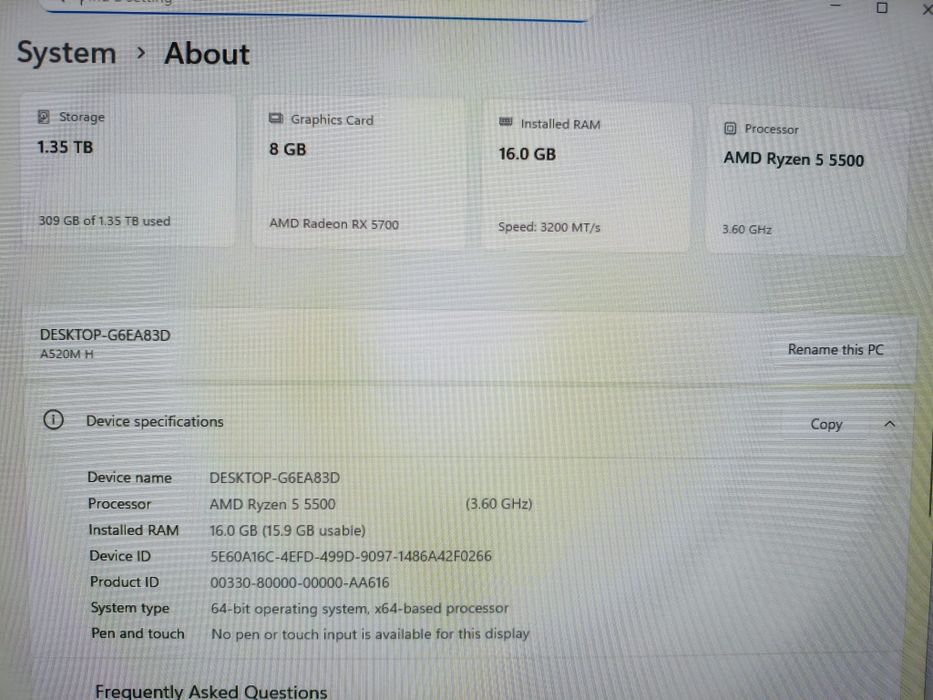 Pc gaming ryzen5 5500 rx5700 16g ram