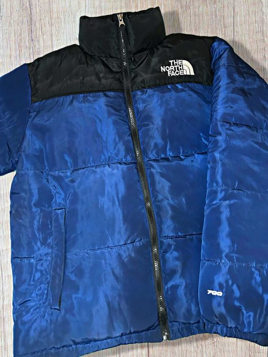 Geaca the north face Semi Lucioasa shiny albastra ajustabila la maneci
