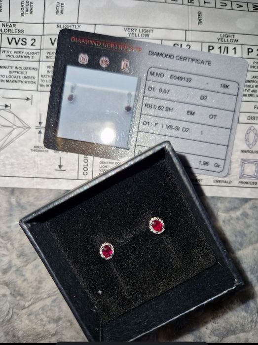 Обици с рубин и диаманти 18к бяло злато