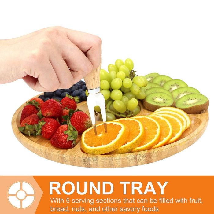 Set servire aperitive (charcuterie) din bambus cu cutite accesorii si tava rotunda cadou premium