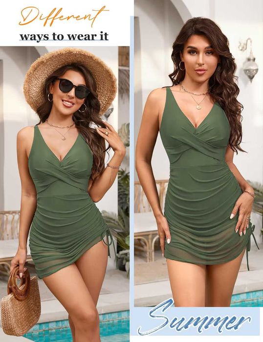 Дамски цял бански с дълбоко V-деколте и оформящ ефект – зелен, S