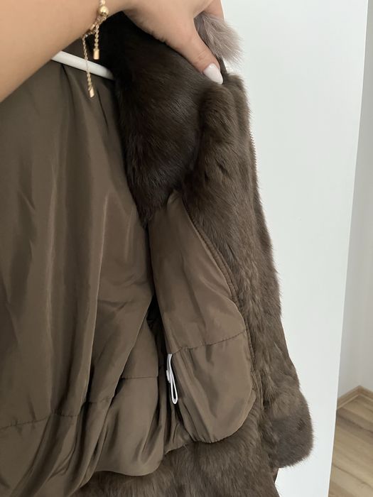 Geaca bomber cu blana de iepure interior, guler vulpe