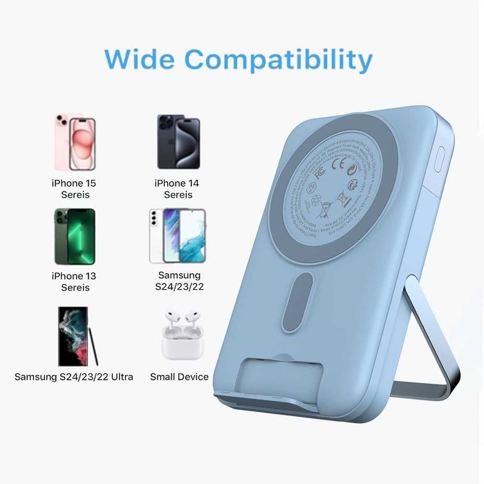 Магнитна външна батерия 10000mAh - MagSafe 22.5W със Стойка (Синя)