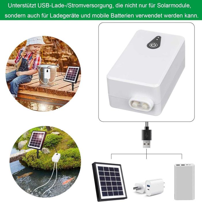 НОВА! Соларна въздушна помпа 2W, с USB и соларно зареждане, 2000 mAh