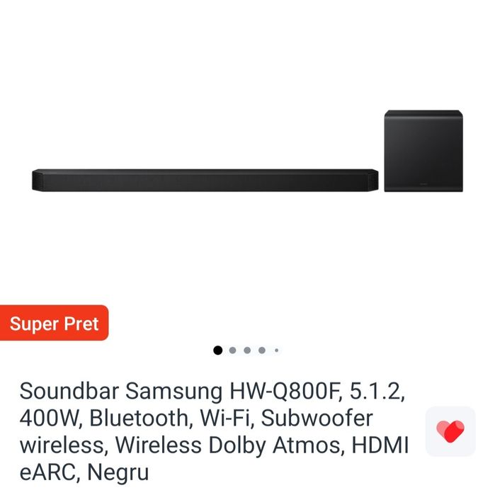 Soundbar Samsung HW-Q800F, 5.1.2, 400W, Bluetooth, Wi-Fi, Subwoofer wireless, Wireless Dolby Atmos, HDMI eARC, Negru