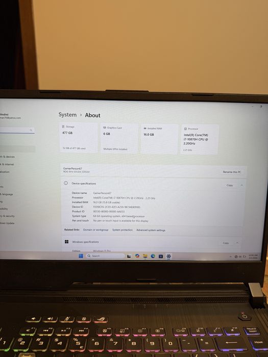 Laptop Gaming, i7-108750H Rtx 2060 6GB, 16Gb ram 144hz