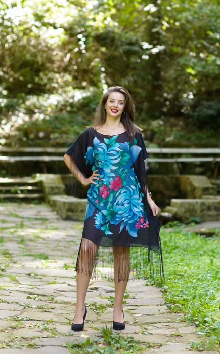 Копринена туника с принт "Мечтание в божури"