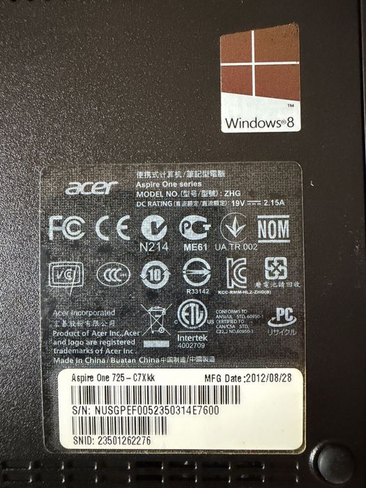 Laptop Acer Aspire One 725 - 11.6” - 4GB RAM - HDD 500GB