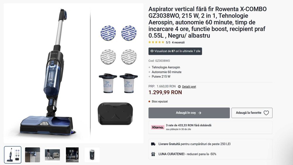 Aspirator vertical fara fir cu mop rotativ Rowenta X Combo 2 in 1