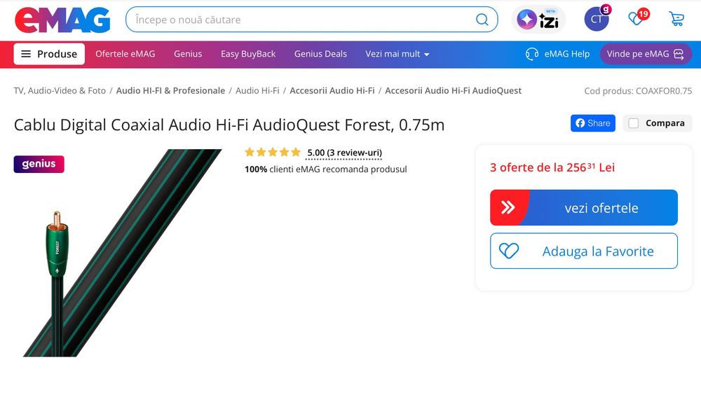 Cablu Digital Coaxial Audio Hi-Fi AudioQuest Forest, 0.75m, nou, factura, garantie