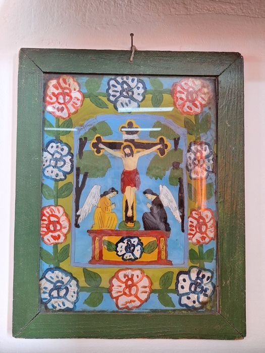 Vând icoană veche pictată pe sticlă, 40 × 30 cm