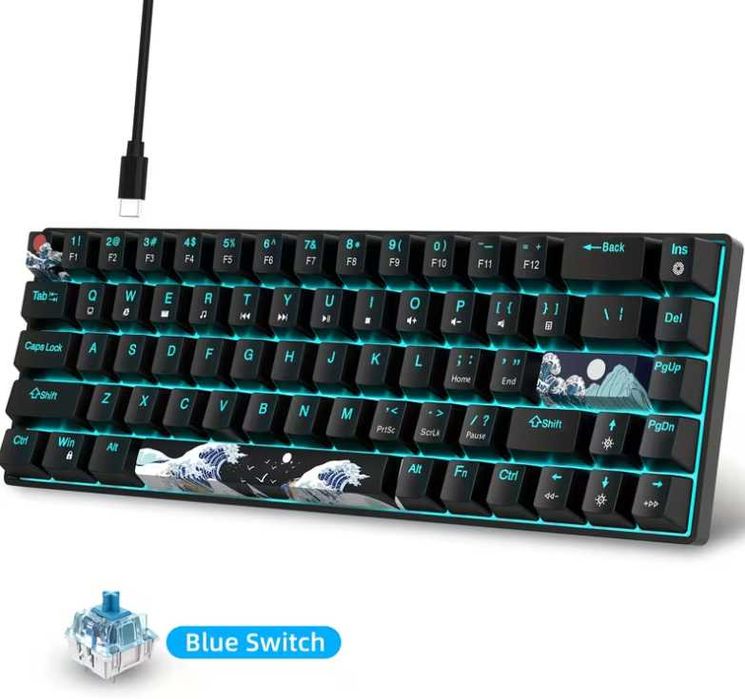 Механична геймърска клавиатура 60% (68 клавиша) със сини суичове