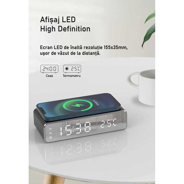 Ceas cu alarma digital LED, Incarcare wireless, Fast Charging 5W