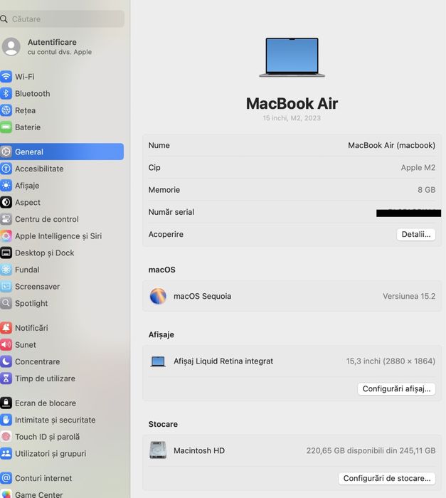 MacBook Air 15-inch / Apple M2 / 8 GB/ 256 GB / Foarte bun |