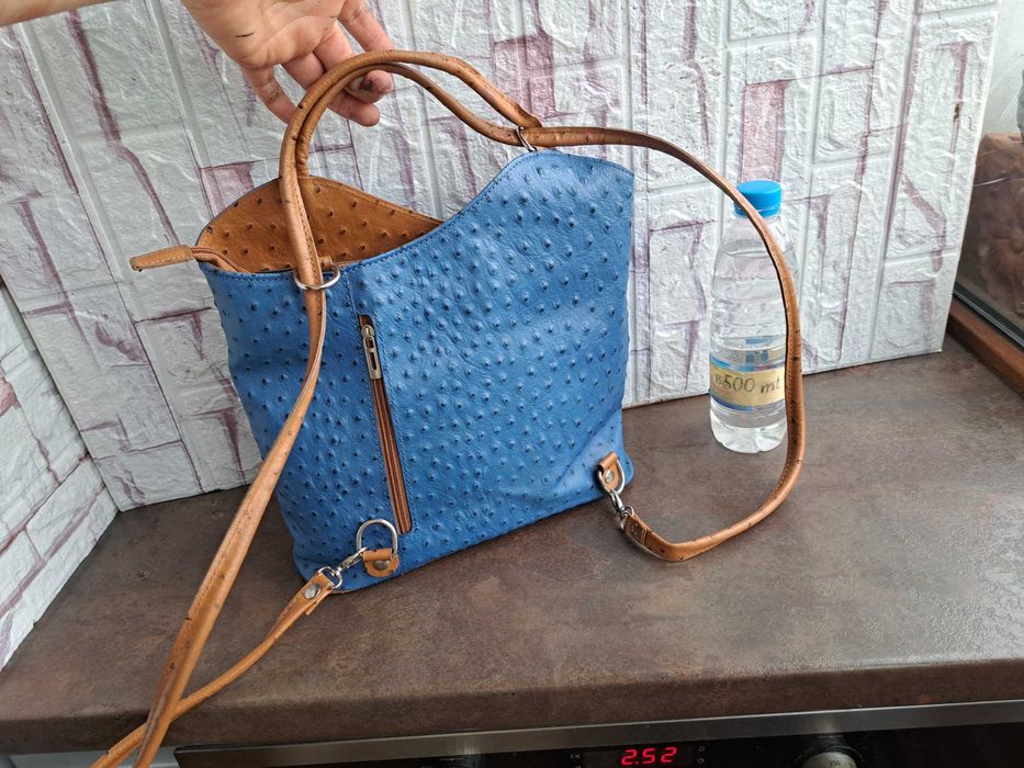 дамска чанта,раница,синя,кожена-естествена кожа