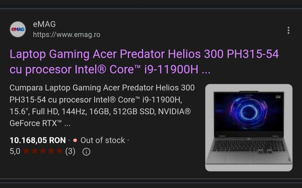 Laptop gaming Acer Predator Helios 300 || RTX 3070 | i9 | 32GB | 1TB  /București