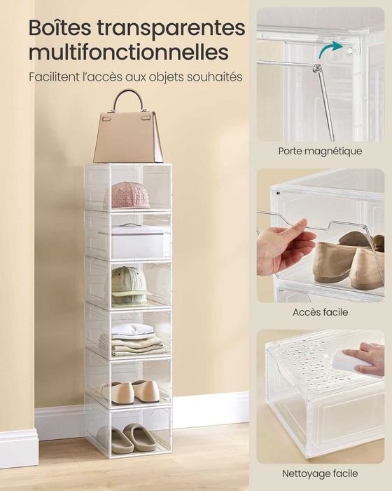 Set 6 cutii pentru pantofi, Songmics, plastic transparent, stivuibile
