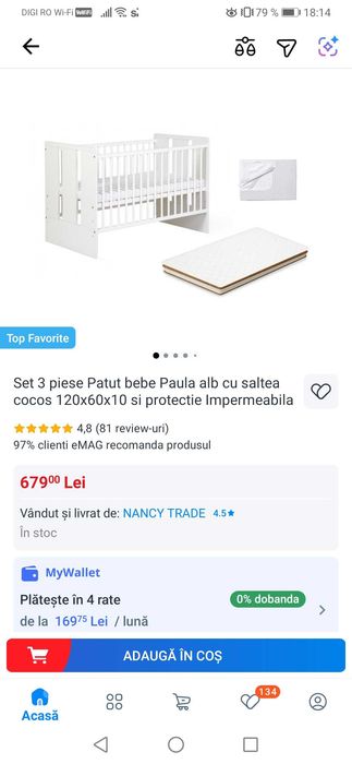Pătuț de lemn cu saltea si protectie impermeabila incluse