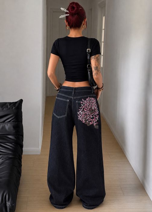 Blugi Blossom Baggy cu Broderie V2 jeans stil Y2K,casual,unisex