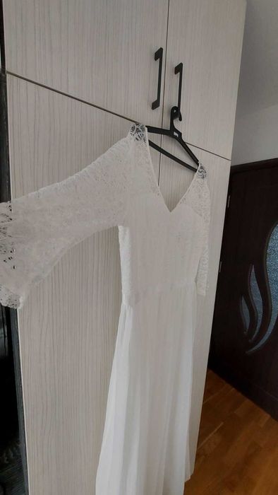 Елегантна булченска рокля, комплект с обувки, бяла дълга рокля и още