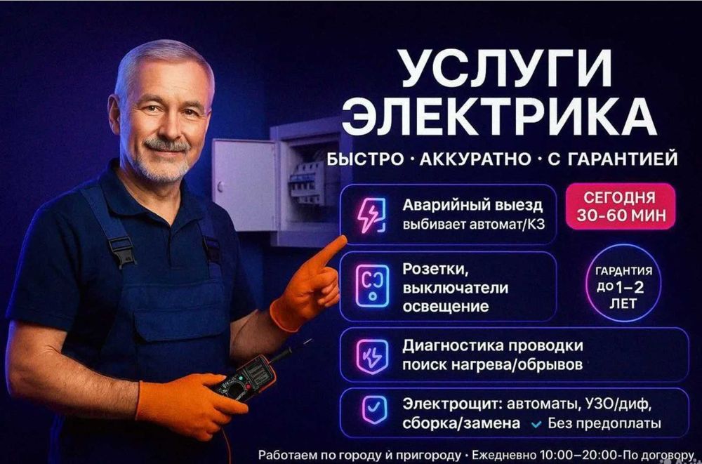 Электрик срочный выезд. Недорого, по договору. Услуги электрика