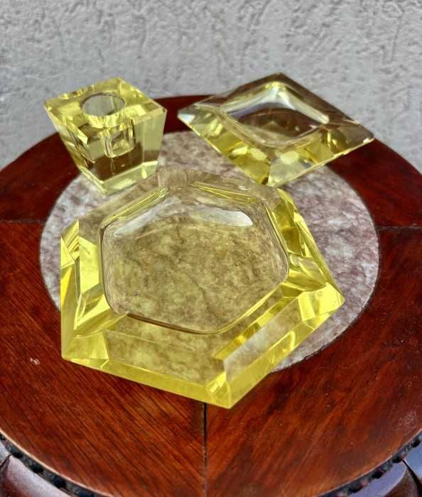 Elegant set cristal masiv-scrumiera hexagonala-scrumiera patrata-suport lumanare-Moser-Mid century-Germania