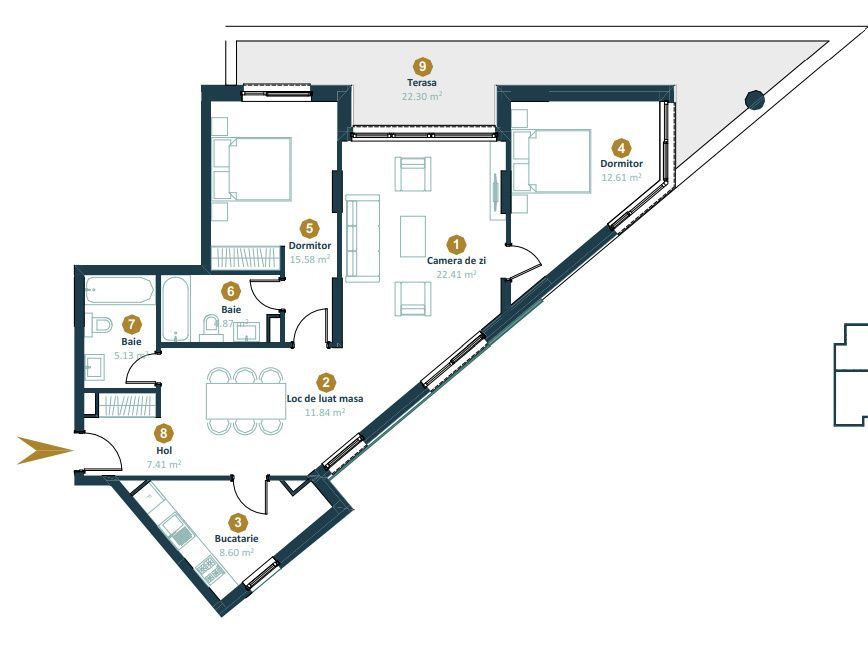 Apartament finisat | 3 camere | 2 bai | terasa 22,30mp | Intre Lacuri
