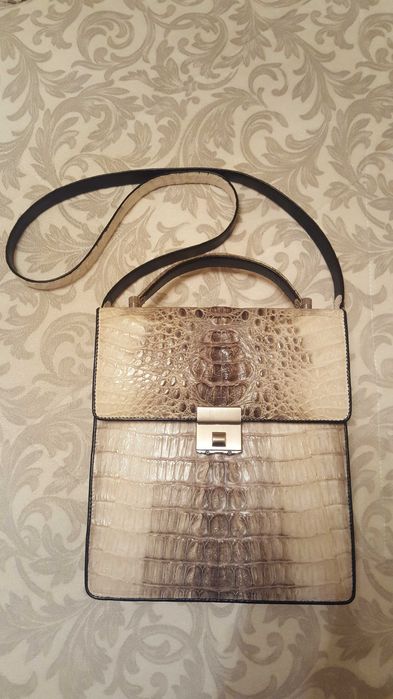 Сумка из натуральной телячей кожи и крокодила новая черная серый хаки