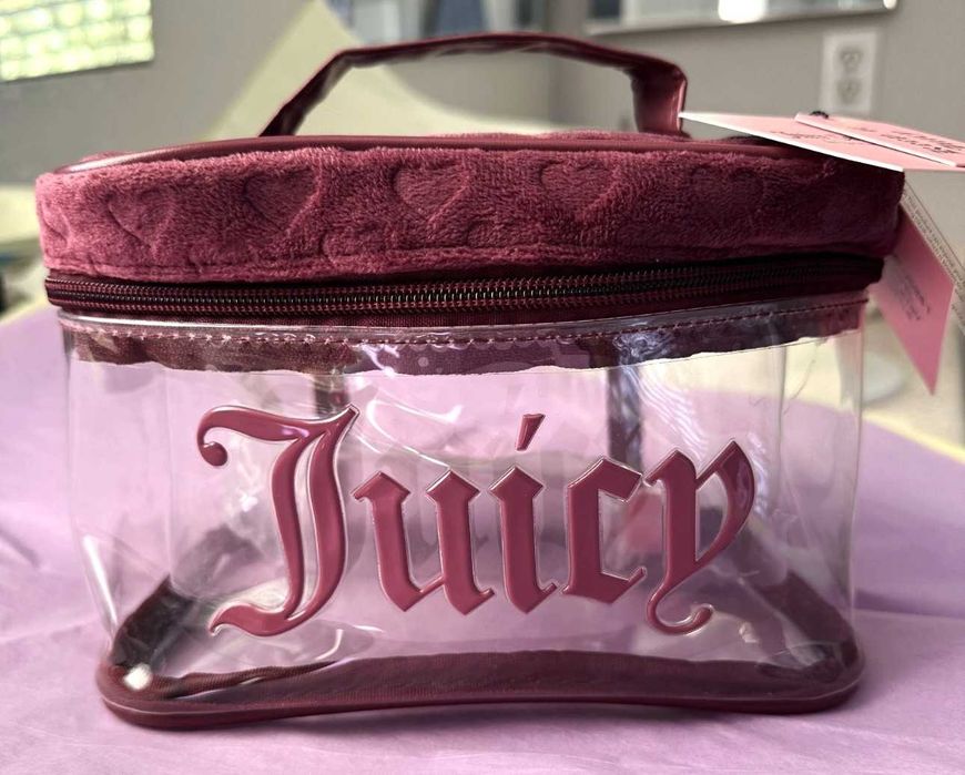 Оригинал JUICY COUTURE Розова Велурена Козметична Чанта/Несесер Голяма НОВИ с Етикет Избери!