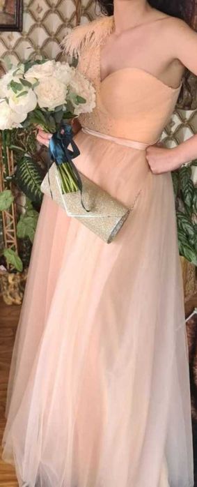 Уникална бална рокля цвят праскова + чанта