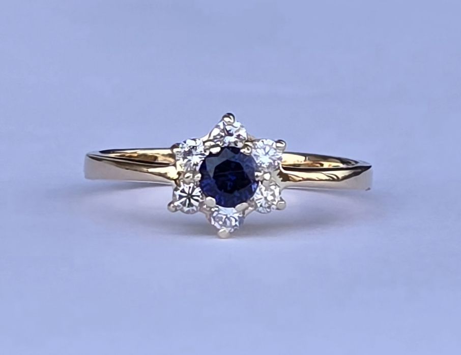 Inel de lodgonă aur galben 14K cu safir și diamante naturale