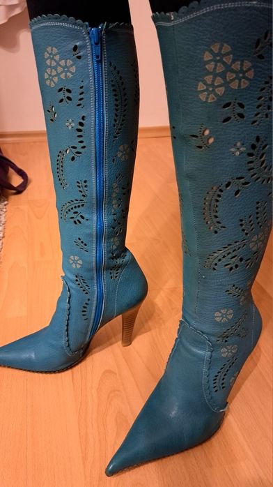 Ботуши, сини от естествена кожа