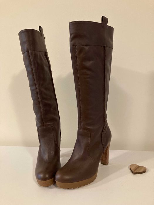 Cizme de piele naturală, înalte,  maro, 37, purtate o singura dată
