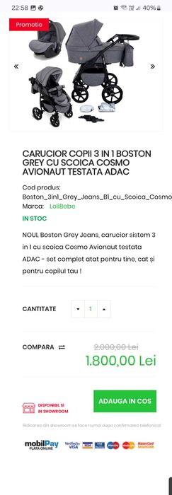 Vand Carucior bebe BOSTON Grey 3 in 1 cu scoica, landou si parte sport