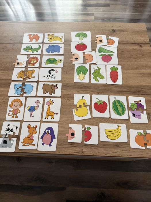 Puzzle din 2 piese cu animale, fructe si legume