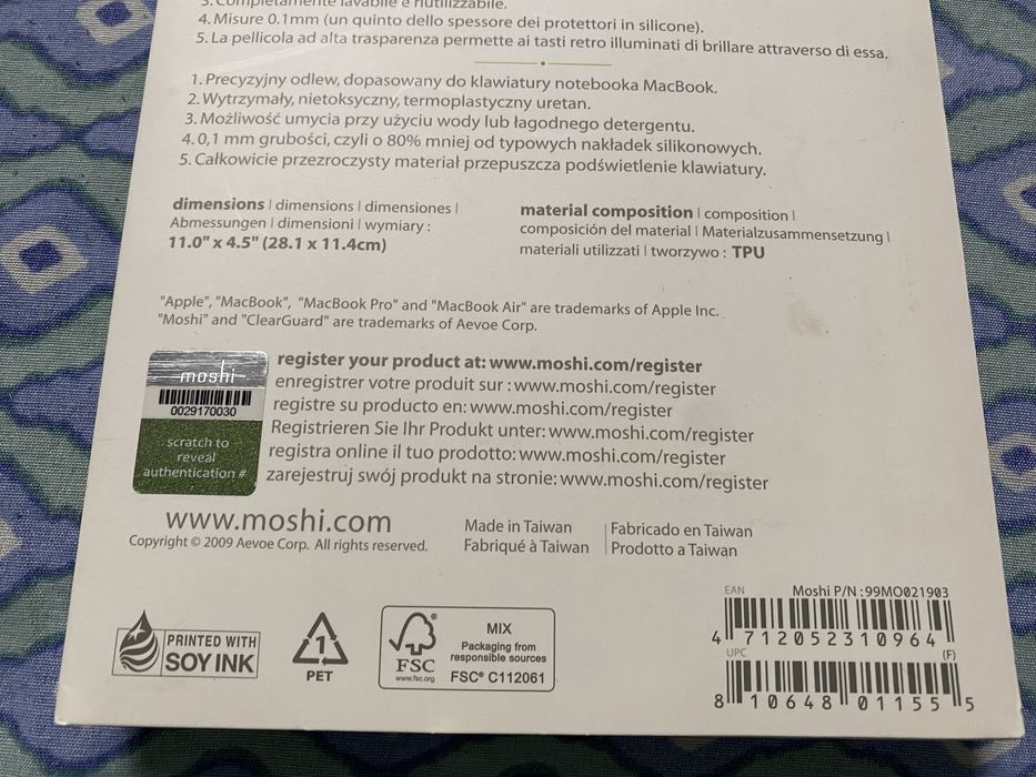 Husa tastatura Moshi ClearGuard pentru Apple MacBook 2008-2015